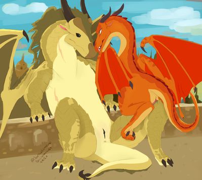 Burn and Scarlet 1 (Wings_of_Fire)
art by thorthelizardgod
Keywords: wings_of_fire;sandwing;skywing;princess_burn;queen_scarlet;dragoness;female;feral;lesbian;vagina;suggestive;thorthelizardgod