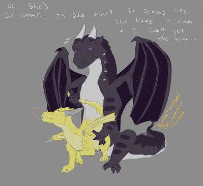 Starflight and Sunny (Wings_of_Fire)
art by thorthelizardgod
Keywords: wings_of_fire;nightwing;sandwing;hybrid;sunny;starflight;dragon;dragoness;male;female;feral;M/F;penis;from_behind;vaginal_penetration;spooge;thorthelizardgod