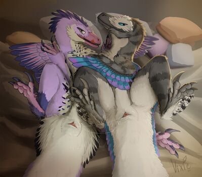 Vix and Terhi
art by thyvixie
Keywords: dinosaur;theropod;raptor;female;feral;lesbian;cloaca;spooge;suggestive;thyvixie