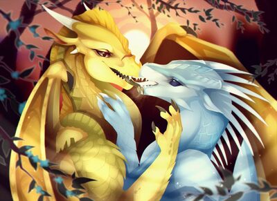 Sunset Kiss (Wings_of_Fire)
art by tiama
Keywords: wings_of_fire;sandwing;icewing;qibli;winter;dragon;male;feral;M/M;romance;tiama