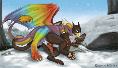 Raynar and Gabriel
art by tigerblueberry
Keywords: dragon;gryphon;male;feral;M/M;penis;spoons;anal;spooge;tigerblueberry