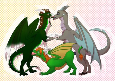 Scaly Spitroast
art by tobicakes
Keywords: dragon;dragoness;male;female;feral;M/F;threeway;spitroast;penis;from_behind;oral;tobicakes