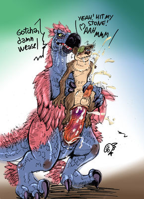 Buck x Gavin
art by tokenworks
Keywords: cartoon;ice_age;dinosaur;theropod;raptor;dakotaraptor;furry;mustelid;weasel;gavin;buck;male;anthro;M/M;penis;reverse_cowgirl;anal;macro;spooge;tokenworks