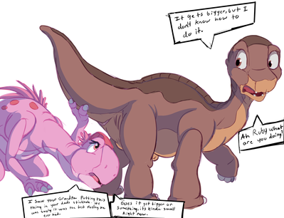 Ruby and Littlefoot 1
art by torinsangel
Keywords: cartoon;land_before_time;lbt;dinosaur;theropod;oviraptor;sauropod;apatosaurus;ruby;littlefoot;male;female;anthro;M/F;suggestive;torinsangel