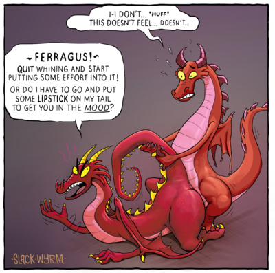 Ferragus and Hildegard (Slack_Wyrm)
art by traditional_reward
Keywords: comic;slack_wyrm;dragon;dragoness;ferragus;hildegard;male;female;anthro;M/F;from_behind;suggestive;incest;humor;traditional_reward