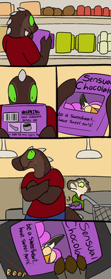 Hot Chocolate 1
art by trout
Keywords: comic;dinosaur;theropod;baryonyx;male;anthro;solo;suggestive;trout
