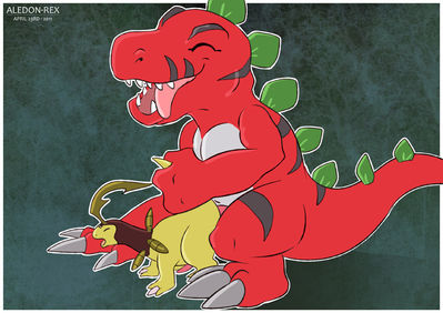 Tyrannomon Sex
art by aledon_rex
Keywords: anime;pokemon;digimon;dinosaur;theropod;tyrannosaurus_rex;trex;tyrannomon;bayleef;male;anthro;M/M;penis;from_behind;anal;aledon_rex