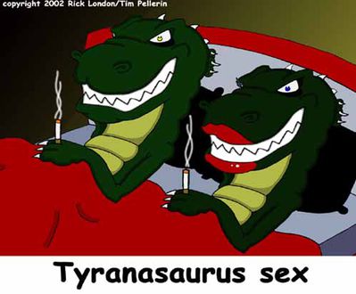 Tyrannosaurus Sex
art by R. London & T. Pellerin
Keywords: comic;dinosaur;theropod;tyrannosaurus_rex;trex;male;female;anthro;suggestive;humor;london;pellerin
