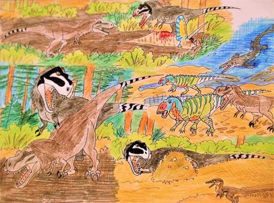 Tyrannosaurus Sex
art by wdghk
Keywords: dinosaur;theropod;tyrannosaurus_rex;trex;male;female;feral;M/F;from_behind;wdghk