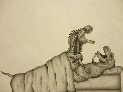 Tyrannosaurs in Bed
art by stephieee_monster
Keywords: dinosaur;theropod;tyrannosaurus_rex;trex;male;female;feral;M/F;missionary;orgasm;humor;stephieee_monster