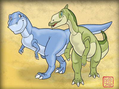 Chomper and Ducky
art by ukabor
Keywords: cartoon;land_before_time;lbt;dinosaur;theropod;tyrannosaurus_rex;trex;hadrosaur;chomper;ducky;male;female;anthro;non-adult;ukabor