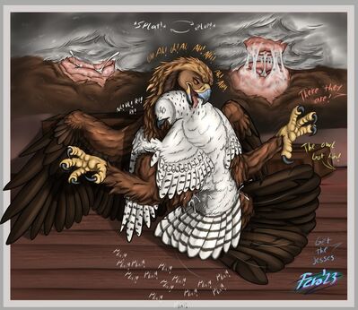 Hooter Hump
art by uppmap123
Keywords: avian;bird;owl;male;feral;M/M;cloaca;missionary;cloacal_penetration;closeup;spooge;uppmap123