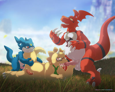 Triken Spitroast
art by ursofofinho
Keywords: anime;amagi_brilliant_park;digimon;dragon;dinosaur;ceratopsid;triceratops;veemon;guilmon;triken;male;anthro;M/M;threeway;spitroast;penis;from_behind;oral;spooge;ursofofinho