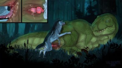 Wolf and Rex
art by valiberite
Keywords: dinosaur;theropod;tyrannosaurus_rex;trex;furry;canine;wolf;male;female;feral;M/F;penis;from_behind;vaginal_penetration;oral;closeup;spooge;valiberite