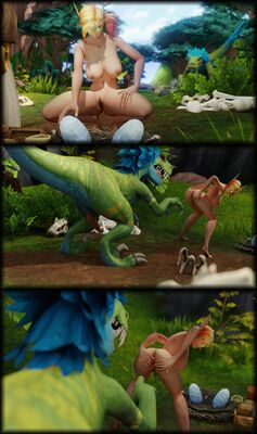 Elf and Raptor 1
art by 
Keywords: beast;videogame;world_of_warcraft;dinosaur;theropod;raptor;elf;woman;female;M/F;penis;vagina;from_behind;presenting;egg;cgi;vellektra