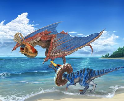 Velocidrome and Yian Kut-ku
art by sevenwalkers
Keywords: videogame;monster_hunter;bird_wyvern;velocidrome;yian_kut-ku;feral;beach;non-adult;sevenwalkers