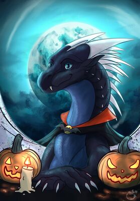 Halloween Whiteout (Wings_of_Fire)
art by vensart
Keywords: wings_of_fire;icewing;nightwing;hybrid;whiteout;dragoness;female;feral;solo;holiday;non-adult;vensart