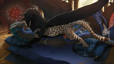 Gryphon on Dragon
art by veoros
Keywords: gryphon;dragoness;male;female;feral;M/F;penis;missionary;vaginal_penetration;spooge;internal;veoros