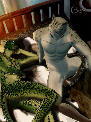 Argonian and Khajiit
art by koda_kota
Keywords: videogame;skyrim;reptile;argonian;furry;feline;khajiit;male;anthro;penis;M/M;suggestive;koda_kota