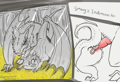 Smaug and Indominus
art by vipery-07
Keywords: lord_of_the_rings;lotr;jurassic_world;dragon;wyvern;dinosaur;theropod;indominus_rex;smaug;male;female;anthro;M/F;penis;from_behind;vaginal_penetration;internal;hoard;vipery-07