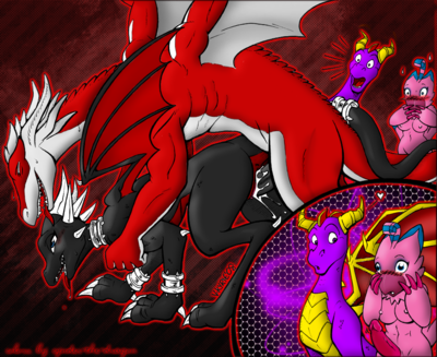 Cynder's New Lover (color)
art by vkyrie
Keywords: videogame;spyro_the_dragon;spyro;cynder;dragon;dragoness;male;female;anthro;M/F;penis;from_behind;vaginal_penetration;spooge;humor;vkyrie