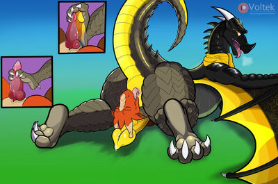 Solar and Crimson (Wings_of_Fire)
art by voltek
Keywords: wings_of_fire;nightwing;sandwing;hybrid;dragon;male;feral;M/M;penis;69;oral;masturbation;spooge;closeup;voltek