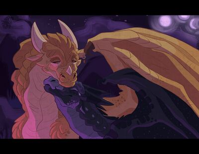 Qibli and Moonwatcher (Wings_of_Fire)
art by vulp-xartworks
Keywords: wings_of_fire;sandwing;nightwing;qibli;moonwatcher;dragon;dragoness;male;female;feral;M/F;non-adult;romance;vulp-xartworks