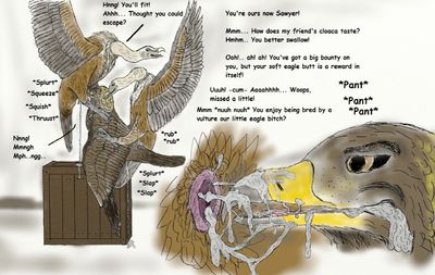 Vulture Double Team
art by uppmap123
Keywords: avian;bird;hawk;vulture;male;feral;M/M;threeway;spitroast;from_behind;cloaca;oral;closeup;spooge;uppmap123