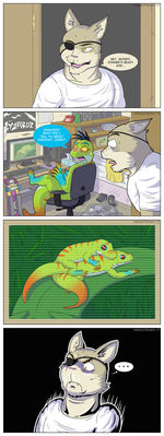 Mondohob Surprise
art by wanikami
Keywords: comic;lizard;gecko;furry;feline;cat;anthro;M/F;male;female;feral;M/F;from_behind;humor;wanikami