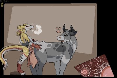 Winning Bets
art by welcometothevoid or mustard
Keywords: dinosaur;theropod;raptor;furry;hybrid;sergal;bovine;cow;male;female;feral;anthro;M/F;penis;from_behind;vaginal_penetration;internal;spooge;welcometothevoid;mustard