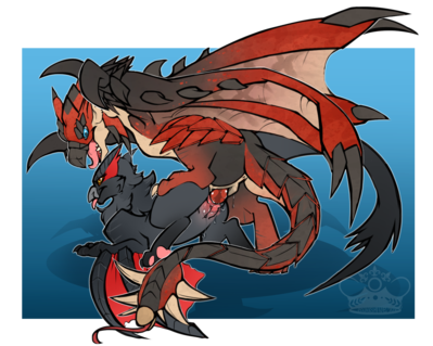 Rathalos Mounting Nargacuga (Anal)
art by whimsydreams
Keywords: videogame;dragon;dragoness;wyvern;rathalos;nargacuga;male;female;feral;M/F;penis;vagina;from_behind;anal;spooge;whimsydreams
