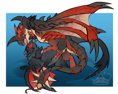 Rathalos Mounting Nargacuga
art by whimsydreams
Keywords: videogame;monster_hunter;dragon;dragoness;wyvern;rathalos;nargacuga;male;female;feral;M/F;penis;from_behind;vaginal_penetration;spooge;whimsydreams