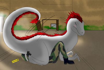 Soft Seat
art by whitekitachi
Keywords: beast;dinosaur;theropod;raptor;utahraptor;female;feral;human;man;male;M/F;suggestive;whitekitachi