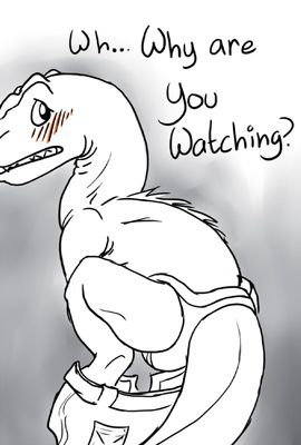 Why Are You Watching?
unknown artist
Keywords: dinosaur;theropod;tyrannosaurus_rex;trex;male;anthro;solo;humor