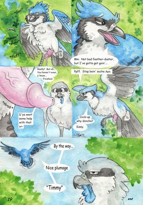 Bird Songs 12
art by windpaw
Keywords: comic;bird;avian;shrike;blue_jay;male;feral;M/M;solo;penis;closeup;spooge;windpaw