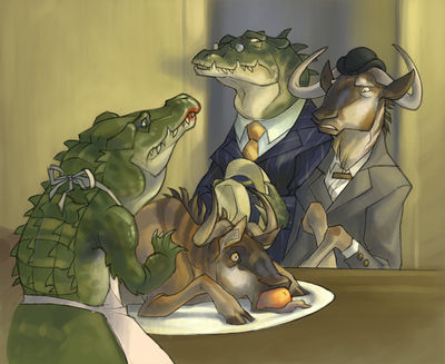 Wrong Dinner
art by claire_hummel
Keywords: crocodilian;crocodile;furry;bovine;gnu;male;female;anthro;humor