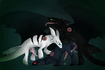 Night Fury Threeway
art by grimm_artworks
Keywords: how_to_train_your_dragon;httyd;night_fury;toothless;dragon;male;feral;M/M;threeway;spitroast;from_behind;penis;spooge;suggestive;grimm_artworks