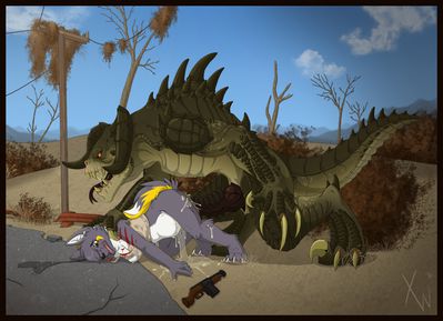 Caught By A Deathclaw
art by xanthewolf
Keywords: videogame;fallout;reptile;lizard;deathclaw;male;feral;furry;canine;female;anthro;breasts;M/F;from_behind;penis;spooge;xanthewolf