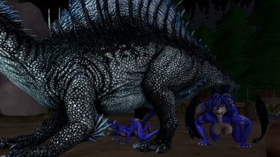 Krystal and Spinosaur
art by xboxking37
Keywords: videogame;starfox;furry;canine;fox;krystal;female;anthro;breasts;dinosaur;theropod;spinosaurus;feral;male;M/F;penis;from_behind;macro;closeup;cgi;xboxking37