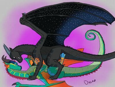Deathbringer and Glory 1 (Wings_of_Fire)
art by xenopony456
Keywords: wings_of_fire;rainwing;nightwing;deathbringer;glory;dragon;dragoness;male;female;feral;M/F;missionary;suggestive;xenopony456