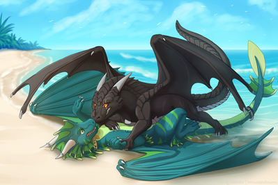 Pinned Ya
art by xeshaire
Keywords: dragon;dragoness;male;female;feral;M/F;suggestive;beach;xeshaire