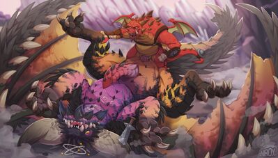 Ulric Defeats Nergigante
art by xnirox
Keywords: videogame;monster_hunter;nergigante;dragon;male;feral;anthro;M/M;penis;missionary;anal;spooge;humor;xnirox