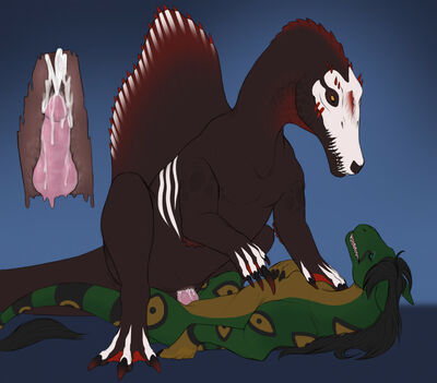Fishy Business
art by yaroul
Keywords: dragon;dinosaur;theropod;spinosaurus;male;female;feral;anthro;M/F;penis;cowgirl;vaginal_penetration;internal;ejaculation;spooge;yaroul