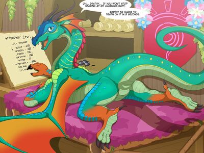 Glory (Wings_of_Fire)
art by yipthecoyotepup
Keywords: wings_of_fire;rainwing;glory;dragoness;female;feral;solo;suggestive;humor;yipthecoyotepup