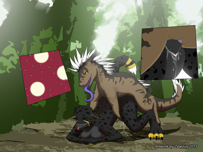 Paytime in the Forest
art by zealousraptor
Keywords: dinosaur;theropod;raptor;deinonychus;furry;feline;male;female;anthro;breasts;M/F;from_behind;penis;vaginal_penetration;closeup;spooge;zealousraptor