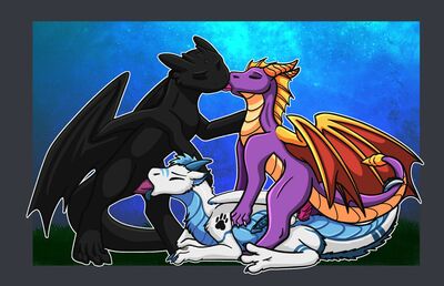 Crossover Spitroast
art by zephyr_lightwing
Keywords: videogame;spyro_the_dragon;how_to_train_your_dragon;httyd;night_fury;dragon;toothless;spyro;male;feral;M/M;threeway;spitroast;penis;missionary;anal;oral;zephyr_lightwing