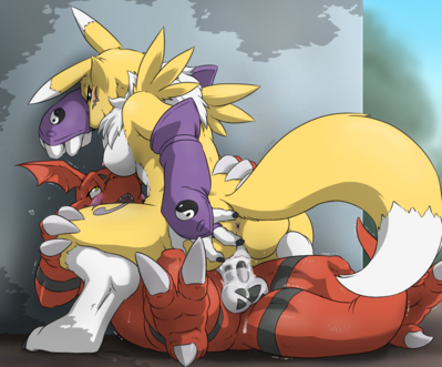 Renamon Riding Guilmon
art by zerofox1000
Keywords: anime;pokemon;dragon;furry;canine;fox;renamon;guilmon;male;female;anthro;breasts;M/F;penis;cowgirl;vaginal_penetration;spooge;zerofox1000