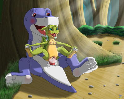 Ducky Riding Chomper
art by zimli
Keywords: cartoon;land_before_time;lbt;dinosaur;theropod;tyrannosaurus_rex;trex;hadrosaur;chomper;ducky;male;female;anthro;breasts;M/F;reverse_cowgirl;penis;vaginal_penetration;spooge;humor;zimli