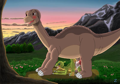 Littlefoot and Ducky Mating
art by zimli
Keywords: cartoon;land_before_time;lbt;dinosaur;sauropod;apatosaurus;hadrosaur;littlefoot;ducky;male;female;M/F;from_behind;penis;vaginal_penetration;spooge;macro;humor;zimli