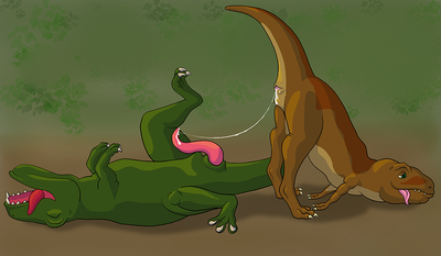 Rexy Romp
art by zirilon
Keywords: dinosaur;theropod;tyrannosaurus_rex;trex;male;female;anthro;feral;M/F;penis;vagina;from_behind;suggestive;spooge;zirilon